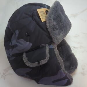 Boys Gray Blue Camouflage Trapper Hat with Faux Fur Lining